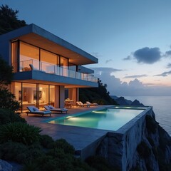 Fototapeta premium Modern villa with infinity pool on cliff edge overlooking ocean at dusk. Luxury home interior glows with warm light, offering serene coastal views. Property features sleek architecture, spacious