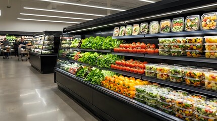 Fototapeta premium Modern grocery store produce section with fresh vegetables and fruits displayed in refrigerated cases for healthy shopping and retail business.
