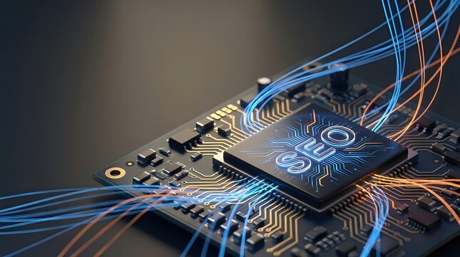 CPU microprocessor with glowing circuit pathways and data streams for technology and computing applications.