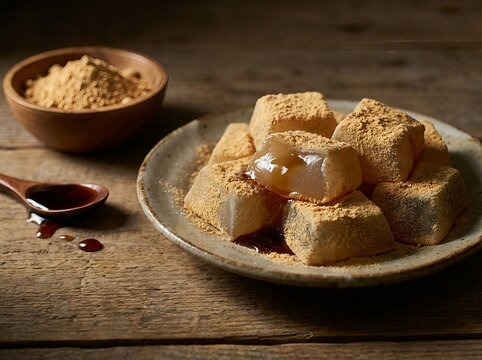 A traditional Japanese jelly like confection, Warabimochi, covered in sweet kinako powder and drizzled with dark kuromitsu syrup, served on a rustic wooden table.
