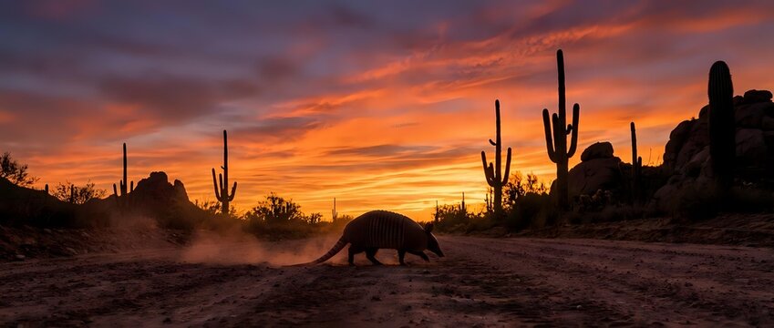 Wild javelina silhouette walking through desert landscape with towering saguaro cacti against dramatic orange and purple sunset sky in southwestern wilderness.