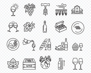 Naklejka premium Wine Vineyard Dining Icons Set - Editable Stroke Line Art Symbols for Winery, Vineyard, Corkscrew, Tasting Menu, Alcohol Beverage, Cheese Pairing, Vine Leaf, Harvest, Sommelier, Cellar, Bar, restauran