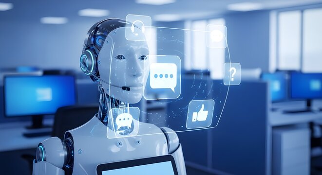 blue screen of a robot_Futuristic AI Customer Service Robot Working in Modern Office