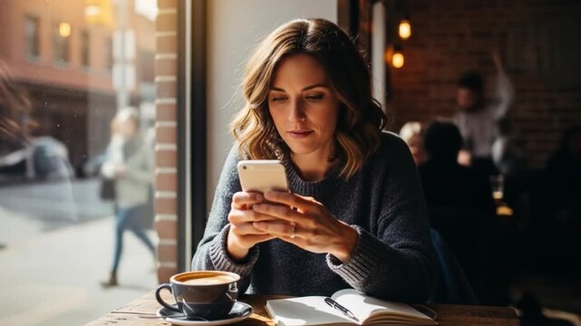 A woman sitting at a table in a coffee shop, looking at her phone while holding it with both hands, with a cup of coffee and an open book in front of her, set against a blurred background