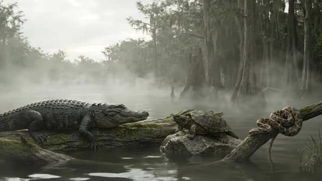 Three swamp predators resting together on logs in a misty bayou environment