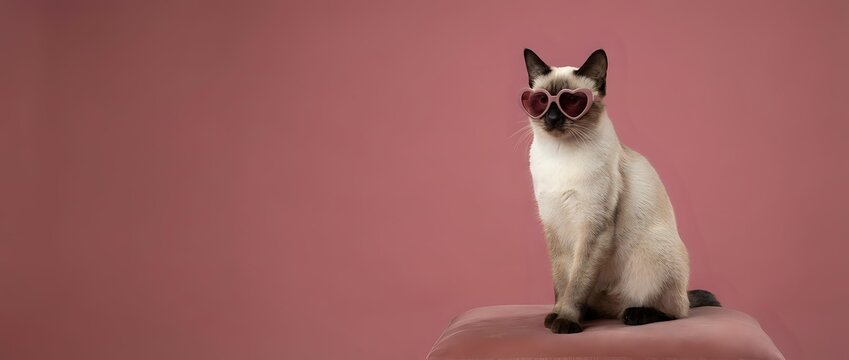 Siamese cat with blue eyes sitting gracefully on pink surface against matching background, studio portrait of purebred feline with cream and brown markings.