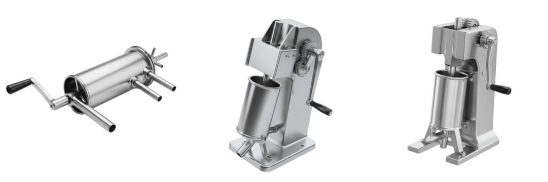 Set of professional stainless steel sausage stuffer machines and manual meat fillers isolated on white transparent png background