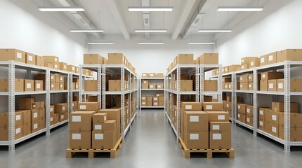 Fototapeta premium Modern warehouse interior with organized cardboard boxes on metal shelving units. Clean industrial storage facility for logistics and distribution operations.