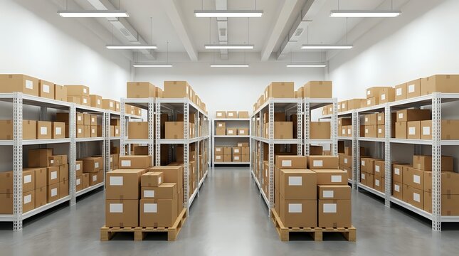 Modern warehouse interior with organized cardboard boxes on metal shelving units. Clean industrial storage facility for logistics and distribution operations.