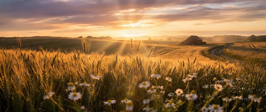 Golden sunset illuminates wildflower meadow with dandelions and tall grass in rolling countryside landscape during warm summer evening.