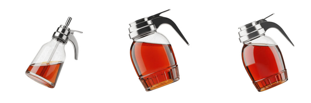 Set and collection of glass syrup dispensers and honey jars with chrome lids and triggers filled with maple syrup isolated on white transparent PNG background
