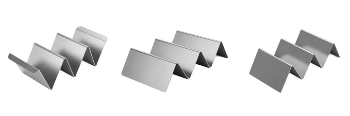 Set and collection of stainless steel taco holders and modern metal tortilla stands for restaurant-style food presentation isolated on white transparent PNG background. © wrak