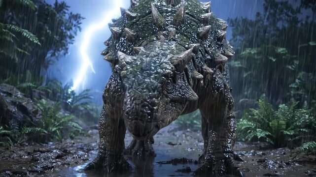 Ankylosaurus Walking in Prehistoric Jungle Rain Storm with Lightning 3D Render