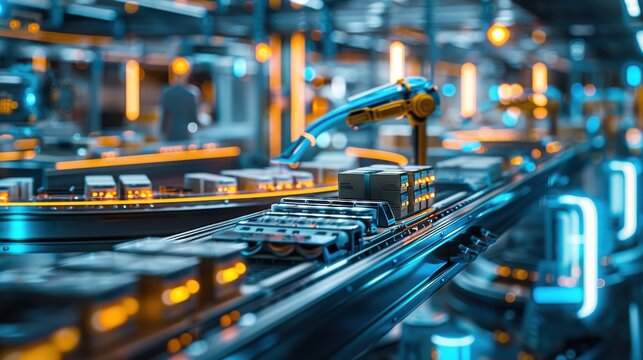 Advanced robots efficiently picking and sorting packages inside a highly automated dense micro fulfillment center with dynamic motion blur