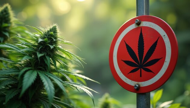 Red prohibition sign with cannabis leaf symbol near marijuana plant. Close up warning graphic indicates danger and legal restrictions for drug use. Awareness about harm.
