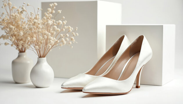 Elegant white satin high heel pumps sit on clean white surface. Bridal shoes near dried baby breath flowers in vases. Minimalist studio shot, classic fashion footwear for formal events.
