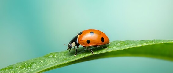 Fototapeta premium Red ladybug with black spots crawling on green leaf with water droplets against soft turquoise background for nature and garden themes.