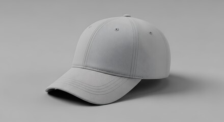 Fototapeta premium A white baseball cap with a curved brim and button on top is displayed on a plain gray background
