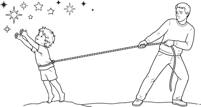 Man Holding Back a Child Reaching for Stars with a Rope, Concept of Restricted Dreams and Overprotective Parenting, Line Art Illustration