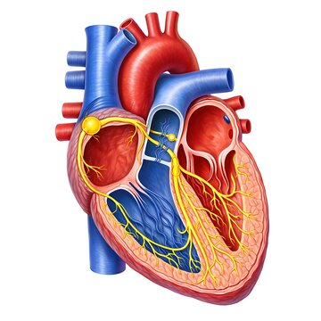 Human Heart Anatomy Illustration showing Internal Chambers, Valves, and Electrical Conduction System