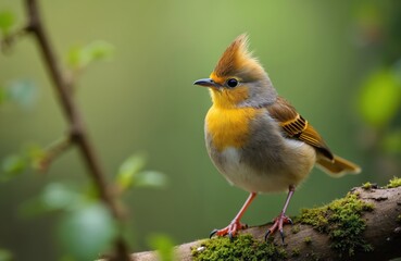 Fototapeta premium Small male goldcrest bird perches on mossy tree branch. Tiny songbird with bright yellow chest and spiky crest. Wildlife detail in natural green forest environment.
