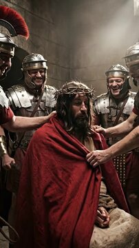 Vertical video-Soldiers Scourging Jesus and Placing Crown of Thorns Mocking Him
