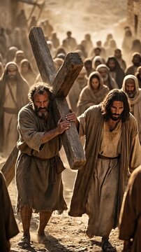 Vertical video-Simon of Cyrene Carrying the Cross for Jesus on Way to Golgotha