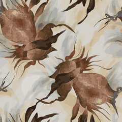 Elegant abstract botanical watercolor pattern featuring soft beige tones with stylized floral shapes and flowing brush textures. Modern artistic background ideal for wallpaper, textile, packaging © AudiPGN