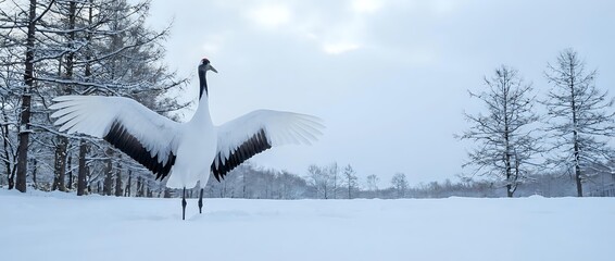Obraz premium Elegant red-crowned crane with outstretched wings standing gracefully in pristine winter snow landscape surrounded by bare trees under overcast sky.