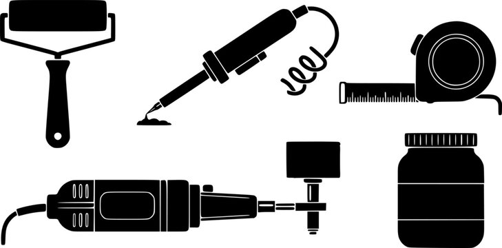 Flat vector icon set close up six black leather craft tools top view including roller soldering iron tape grinder jar
