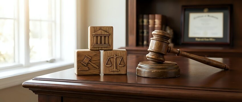 Wooden gavel and legal symbol blocks on polished desk in law office with bookshelf background for attorney services and judicial concepts.
