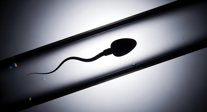a single sperm cell in silhouette swimming within a clear glass tube conceptually illustrating male fertility and life science.