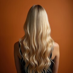 Obraz premium Woman with long blonde wavy hair styled perfectly. Back view on orange backdrop highlights beautiful shine and volume. Elegant, smooth coiffure.