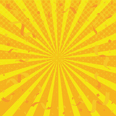 Obraz premium A bright and colorful sunburst background with radial rays, confetti, and light effects, creating a festive and eye‑catching atmosphere for promotions, sales, and advertisements. yellow
