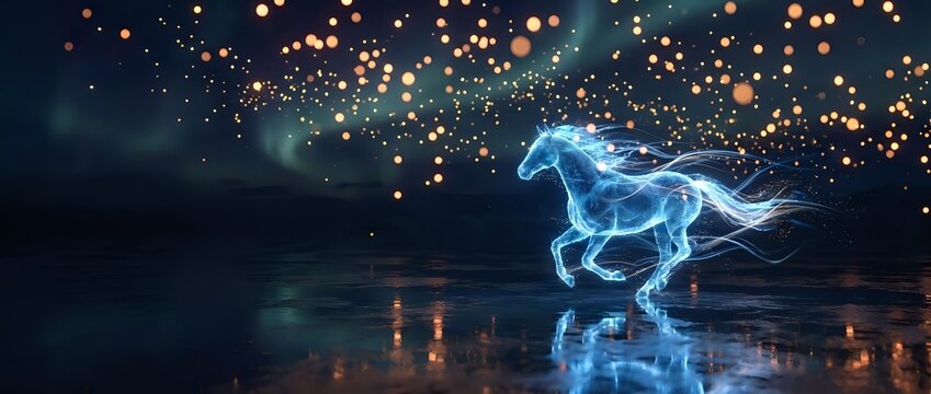 Glowing blue energy horse galloping across water surface with magical light particles and bokeh effects creating mystical fantasy atmosphere.