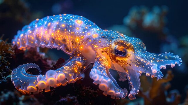 Luminescent octopus with vibrant colors and spotted pattern, swimming underwater