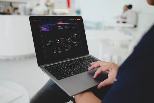 Bangkok, Thailand. March 10, 2026; A developer uses the n8n platform on a MacBook Pro to design and manage complex workflow automation processes in a modern cafe.