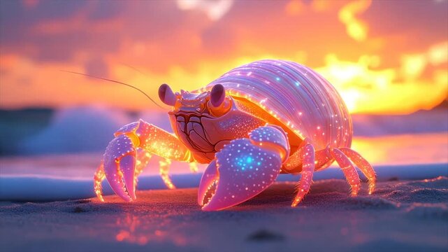 A glowing crab on a sandy beach at sunset, bathed in warm orange and pink hues
