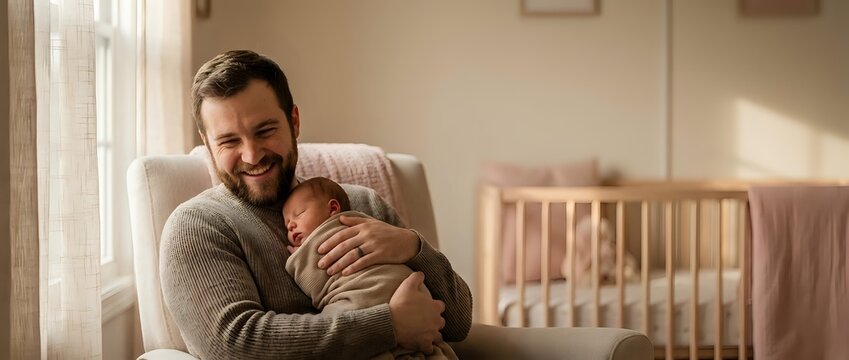 Happy father holding newborn baby in nursery room with wooden crib and soft natural lighting creating warm family bonding moment at home.