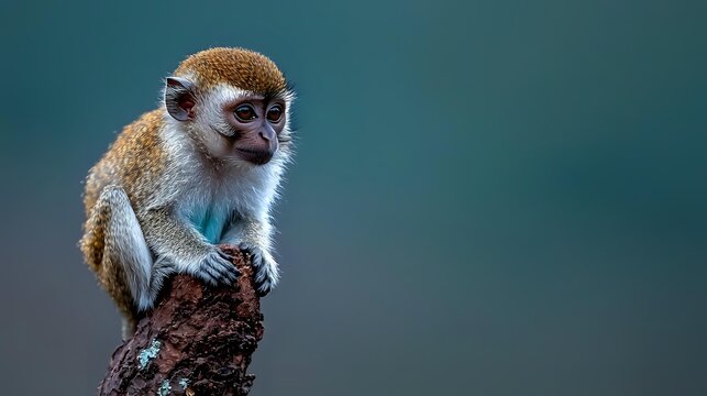 Young vervet monkey sitting on tree branch against blurred teal background, wildlife primate in natural habitat for nature and animal photography projects.