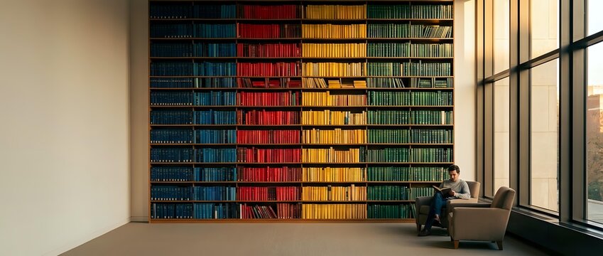 Colorful rainbow bookshelf wall with organized books in blue red yellow green hues creating vibrant gradient pattern in modern reading room interior.