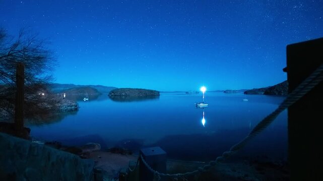 Stars come out over ocean bay 