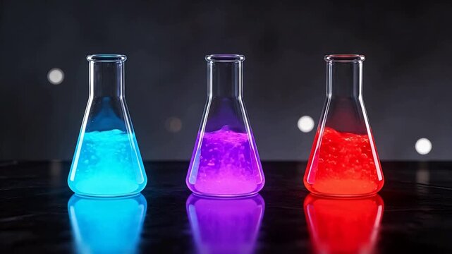 Three flasks with colored liquids
