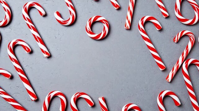 Red and white candy canes on gray surface