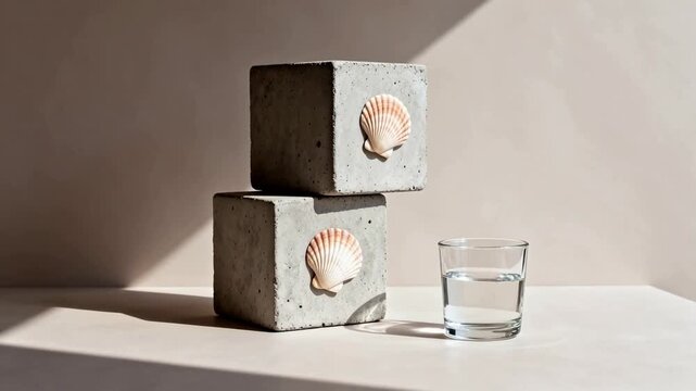 Concrete blocks with seashells and glass of water