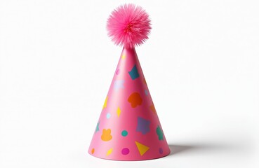 Pink party hat with colorful shapes and fluffy top sits on clean white background. Festive accessory ready for celebration event. Fun item for birthday party.