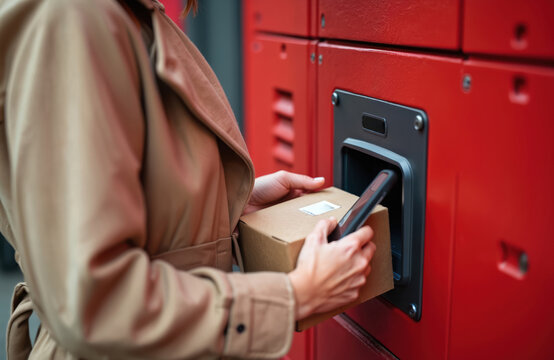 Woman uses phone to scan code on package near automated postal locker. She is sending a box via modern parcel delivery service. The self service machine allows easy package drop off.