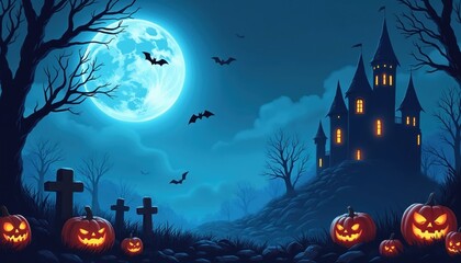 Fototapeta premium Spooky Halloween night scene with glowing pumpkins, bats flying near a full moon and haunted castle. Graveyard with tombstones sets eerie mood for October holiday celebration.