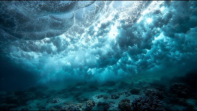 A breathtaking underwater perspective captures the raw power of a breaking ocean wave, looking upwards through turbulent foam and light, revealing deep blue marine depths