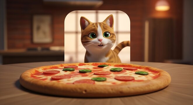 Adorable cartoon cat gazes hungrily at pepperoni pizza